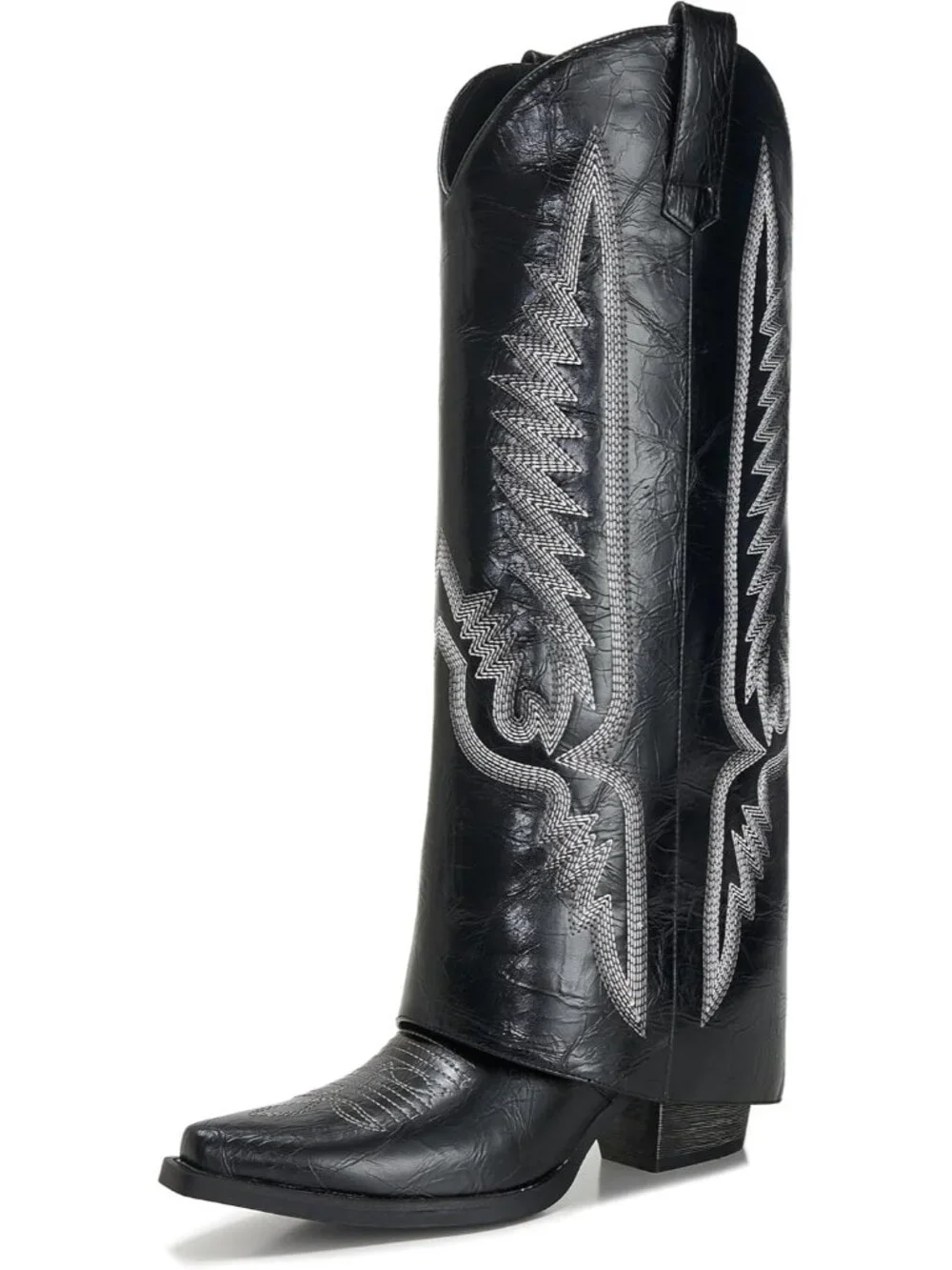 Women's Black 1 Pointed Toe Wedge Heel Side Zipper Knee High Shark Boots